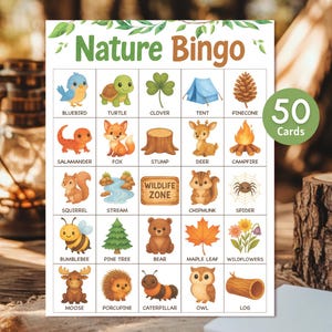 Nature Bingo Game Printable Set, 50 Unique Camping Bingo Cards, Cute Woodland Birthday Activity, Printable Party Activity, Instant Download
