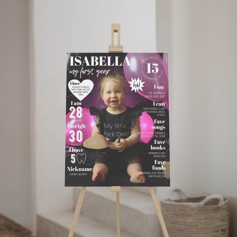 May include: A pink and black first birthday poster with a photo of a baby girl. The poster includes the baby's name, Isabella, and details about her first year, including her age, weight, and favorite things. The poster is decorated with pink and white balloons and stars.