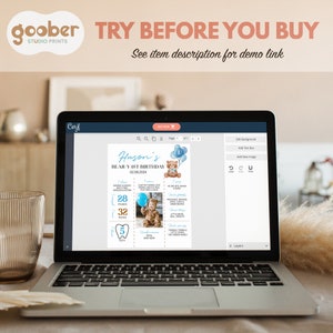 May include: A laptop screen displaying a digital template for a first birthday milestone poster. The design features a brown teddy bear, blue balloons, and text including Huson's Bear-y 1st Birthday, 28 pounds, 32 inches, and 5 teeth.