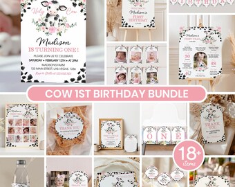 Holy Cow I'm One Birthday Invitation Bundle, Floral Farm Birthday Decorations Kit, Cow 1st Birthday Bundle Set, Editable Templates. C009