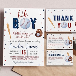 Editable Baseball Baby Shower Invitation Set, Sports Baby Shower Invitation, It&#39;s a Boy Baby Shower Bundle, Printable Template. B005