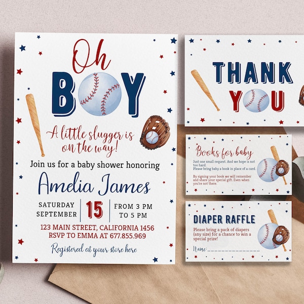 Editable Baseball Baby Shower Invitation Set, Sports Baby Shower Invitation, It's a Boy Baby Shower Bundle, Printable Template. B005