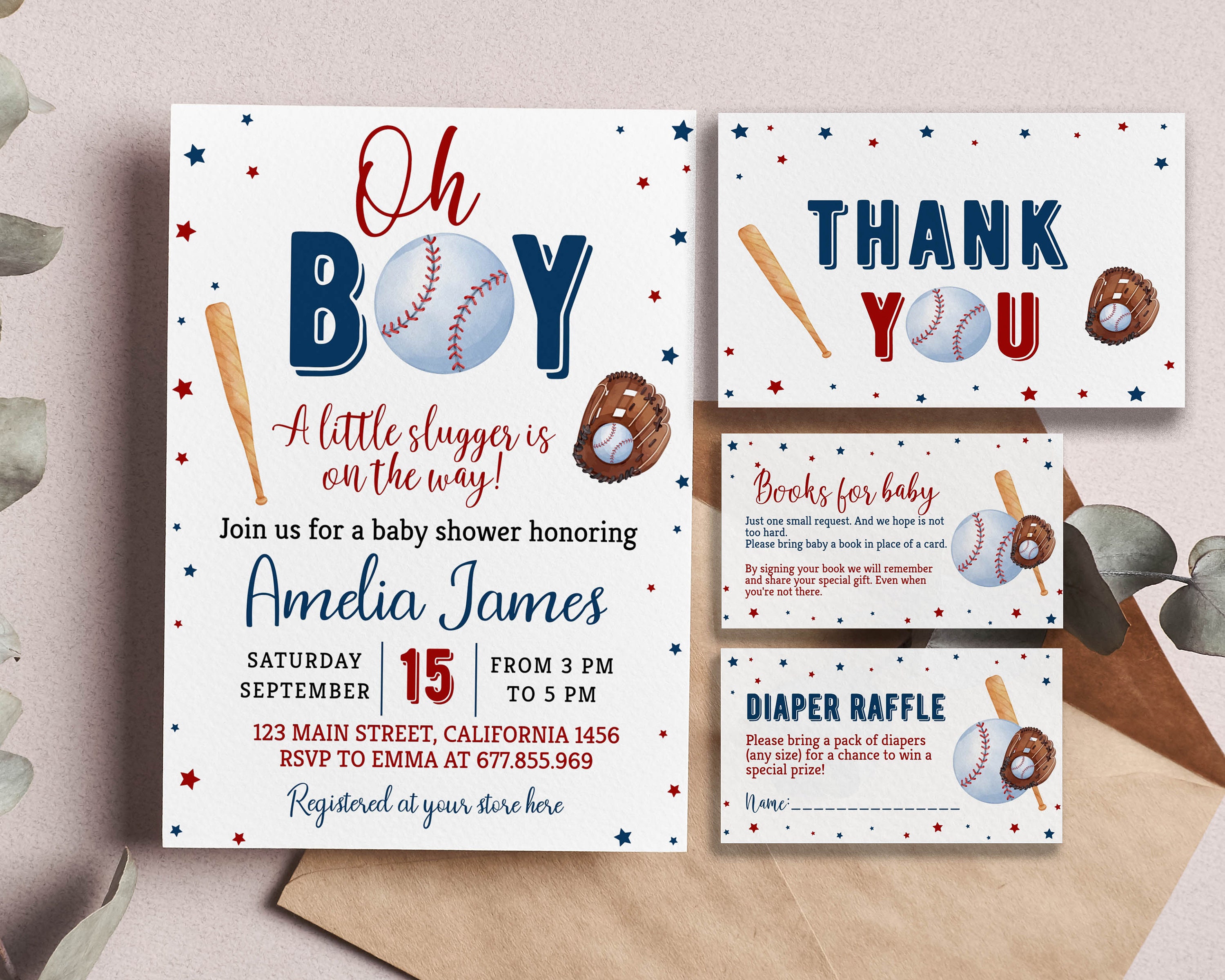 Editable Baseball Baby Shower Invitation Set, Sports Baby Shower Invitation, It's a Boy Baby Shower Bundle, Printable Template. B005