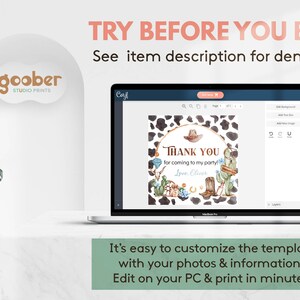 May include: A laptop screen displaying a customizable party favor tag template with a cow print border, a cowboy hat, cacti, and the text Thank you for coming to my party! Love, Oliver. The screen shows editing tools and the goober studio prints logo.
