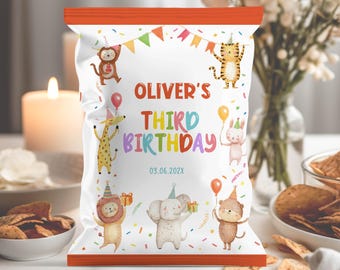 Plantilla editable para bolsas de patatas fritas con motivos de animales de fiesta / Bolsas para dulces de cumpleaños con animales / Bolsas para recuerdos de fiesta en la jungla safari / Descarga instantánea / A017