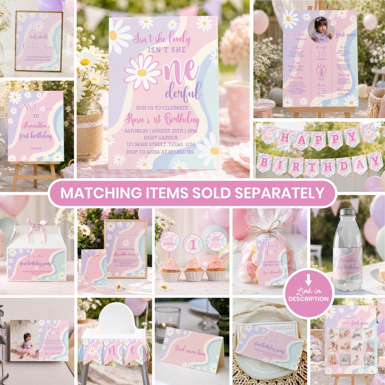 Op de afbeelding: Een collectie feestartikelen voor een eerste verjaardag met madeliefjesmotief en pastelroze, paarse en blauwe golfpatronen. Bevat uitnodigingen, mijlpaalborden, cupcake-toppers, cadeaulabels, slingers en diverse bordjes.