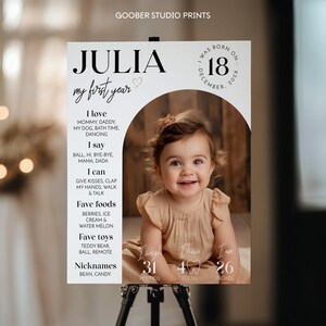 May include: A white milestone poster titled Julia my first year featuring a circular photo of a child in a tan dress. The text includes birth date December 18, 202x, lists of favorites, and stats showing 31 pounds, 4 teeth, and 26 inches in height.