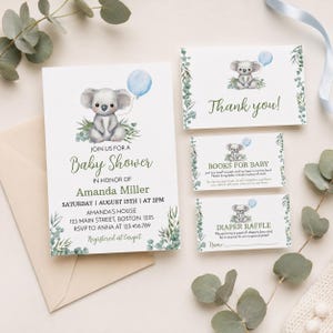 K&ouml;nnte beinhalten: Ein Babyparty-Einladungsset mit einer Koala-Illustration, einem blauen Luftballon und Eukalyptusbl&auml;ttern. Der Text enth&auml;lt 'Join us for a Baby Shower', 'Amanda Miller', Datum, Uhrzeit, Ort, RSVP, 'Thank you', 'Books for Baby' und 'Diaper Raffle'.