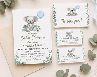 Editable Koala Baby Shower Invitation Set, Koala Baby Shower Invite, Australian Animal Baby Shower Party Bundle, Customizable. K001