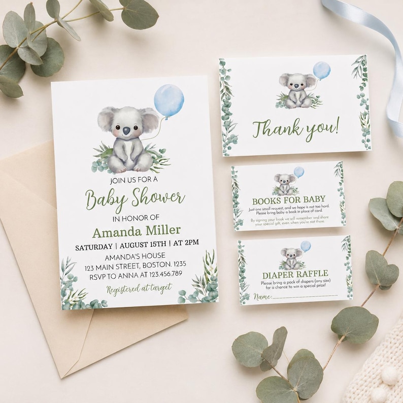 K&ouml;nnte beinhalten: Ein Babyparty-Einladungsset mit einer Koala-Illustration, einem blauen Luftballon und Eukalyptusbl&auml;ttern. Der Text enth&auml;lt 'Join us for a Baby Shower', 'Amanda Miller', Datum, Uhrzeit, Ort, RSVP, 'Thank you', 'Books for Baby' und 'Diaper Raffle'.