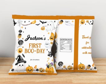 Sacs à croustilles MODIFIABLES Spooky One Birthday, sacs à collation pour Halloween 1er anniversaire, cadeaux de fête fantôme, modèle imprimable Our little Boo HA04