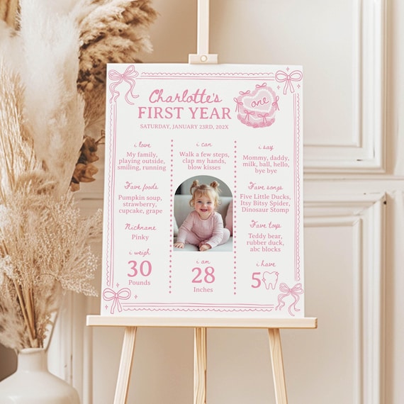 Pink Bow 1st Birthday Milestone Board, Pink Coquette Valentine First Birthday Photo Milestone Poster, 1st Birthday Girl Sign Template. C014