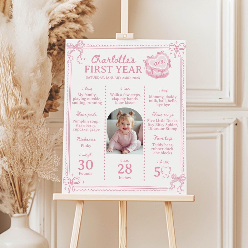Pink Bow 1st Birthday Milestone Board, Pink Coquette Valentine First Birthday Photo Milestone Poster, 1st Birthday Girl Sign Template