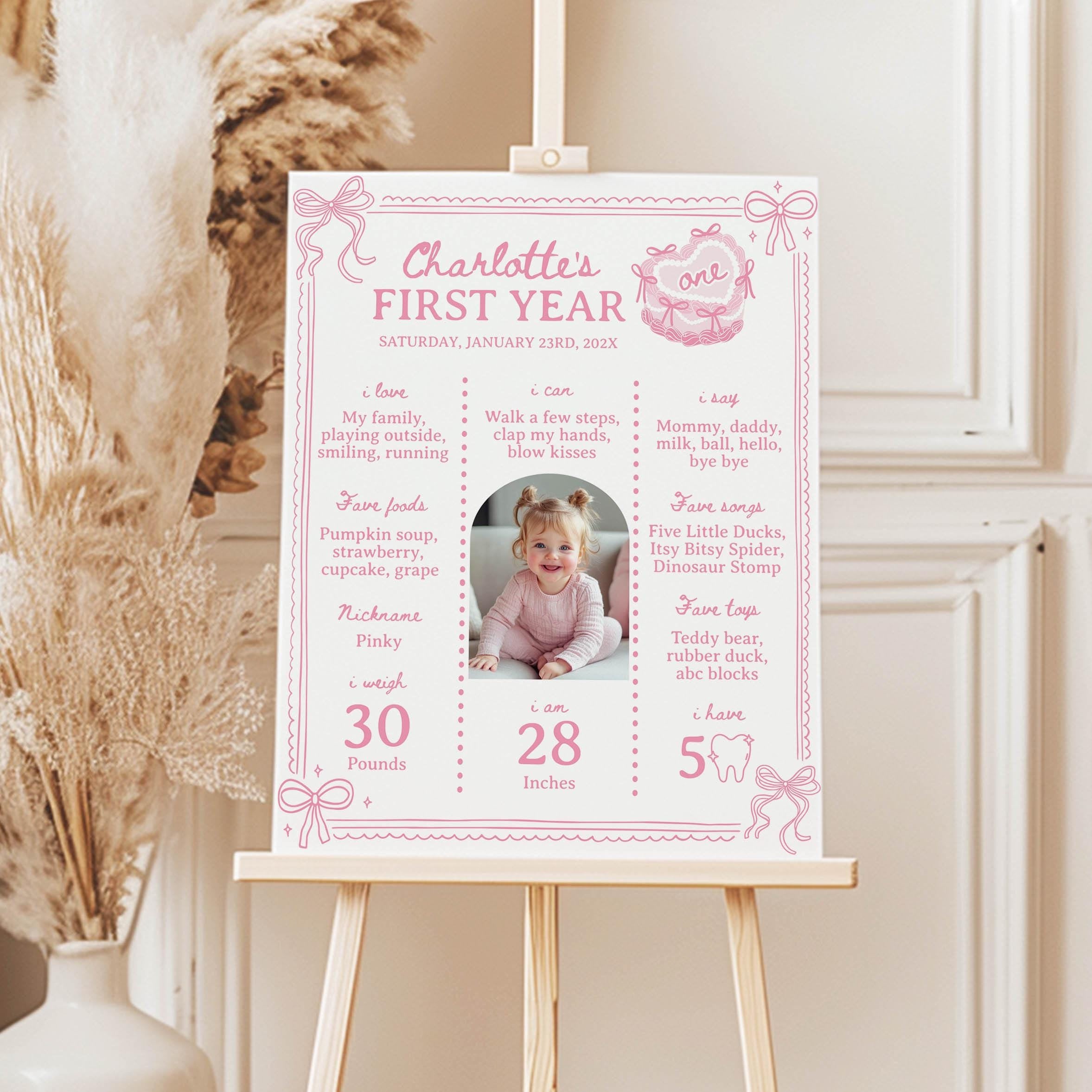 Pink Bow 1st Birthday Milestone Board, Pink Coquette Valentine First Birthday Photo Milestone Poster, 1st Birthday Girl Sign Template. C014