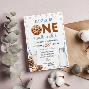 May include: A birthday invitation with a cookie theme. The invitation reads "DANIEL IS ONE sweet cookie" with illustrations of cookies, milk, and a milk bottle. The invitation includes the date, time, and location.