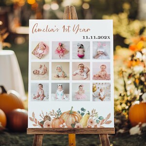 May include: A white rectangular sign featuring the text Amelia's 1st Year and 11.11.202X, displaying a grid of twelve photographs of a baby. The bottom of the sign is decorated with a watercolor illustration of orange pumpkins and autumn leaves.