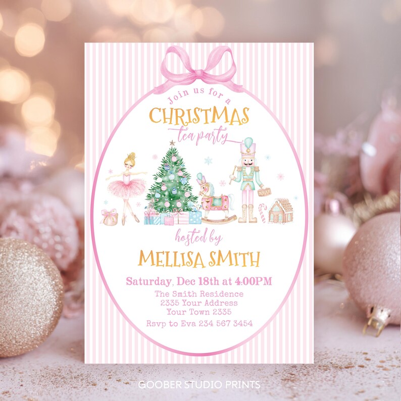May include: A Christmas tea party invitation card featuring a pink striped background, a pink bow, and an oval frame. Illustrations include a ballerina, a decorated Christmas tree, a rocking horse, a nutcracker, and text: Join us for a CHRISTMAS tea party hosted by MELLISA SMITH, Saturday, Dec 18th at 4:00PM, The Smith Residence, 2335 Your Address, Your Town 2335, RSVP to Eva 234 567 3454.
