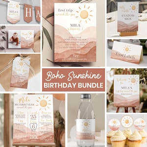 Första resan runt solen - födelsedagspaket | Boho Sunshine 1-årsdagsinbjudan och festdekor | Redigerbara mallar | Direkt nedladdning - S005