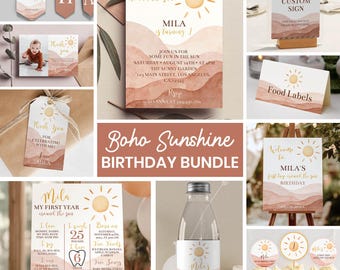 Editable First Trip Around The Sun Invitation Bundle, Boho Sunshine 1st Birthday Party, Neutral Sun Birthday Package, Printable. S005