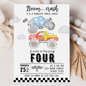 Faire-part d'anniversaire Monster Truck, invitation d'anniversaire de tout âge, invitation d'anniversaire de garçon Monster Truck, modèle imprimable, téléchargement immédiat. M008