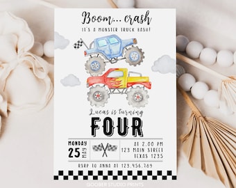 May include: A birthday invitation for a monster truck themed party. The invitation features a watercolor illustration of two monster trucks, one blue and one red, with the text "Boom... crash It's a monster truck bash!" and "Lucas is turning FOUR". The invitation also includes the date, time, and location of the party.