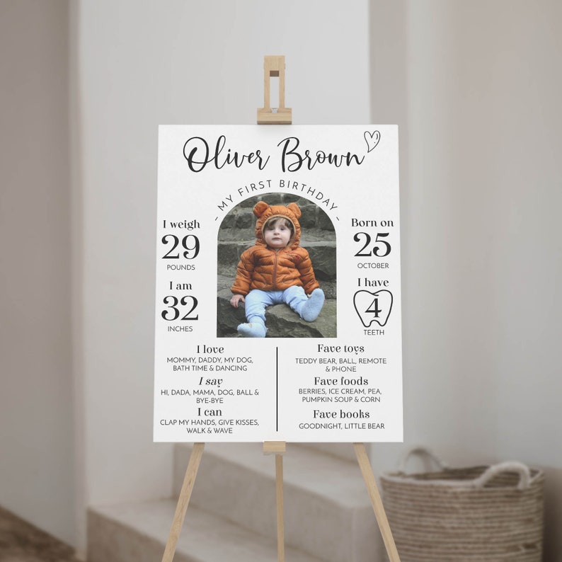 EDITABLE First Birthday Milestone Sign, Modern 1st Birthday Milestone Poster, One Year Of Baby Photo Milestone Board, Instant Download. M004 image 4