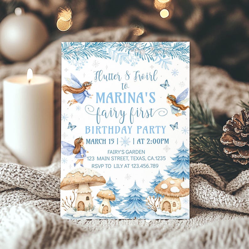 Editable Fairy First Party Invite | Winter Fairy Onederland Birthday Invitation | Snowflake Wonderland Girl Birthday Printable Invite