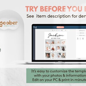 Op de afbeelding: Een laptopscherm met een aanpasbare sjabloon voor een baby-fotocollage met de titel Jackson My First Year. De interface bevat bewerkingstools en tekstvelden. De tekst op het scherm luidt TRY BEFORE YOU BUY! en It&rsquo;s easy to customize.