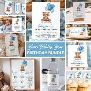 Editable Beary First Birthday Invitation Bundle, Teddy Bear Birthday Party Decor, Printable Invite Kit, Any Age Templates – T004