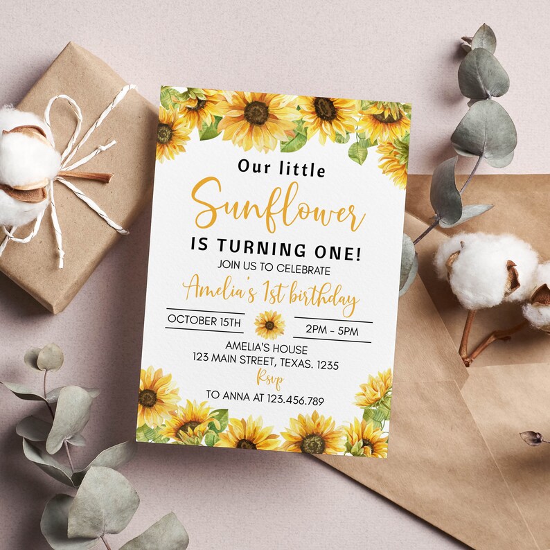 Editable Sunflower Birthday Invitation, Girl Sunflower 1st Birthday Invite, Boho Floral Birthday Invitation Template, Instant Download. S014 image 5