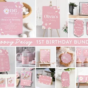 Pacchetto di inviti per il primo compleanno di Daisy modificabili, kit di decorazioni per feste di compleanno di Daisy, pacchetto di compleanno a tema retrò di Daisy, download immediato. #D003