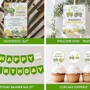May include: A set of printable tractor-themed party decorations for a first birthday. The set includes an invitation, welcome sign, banner, and cupcake toppers. The colors are green, yellow, and brown.
