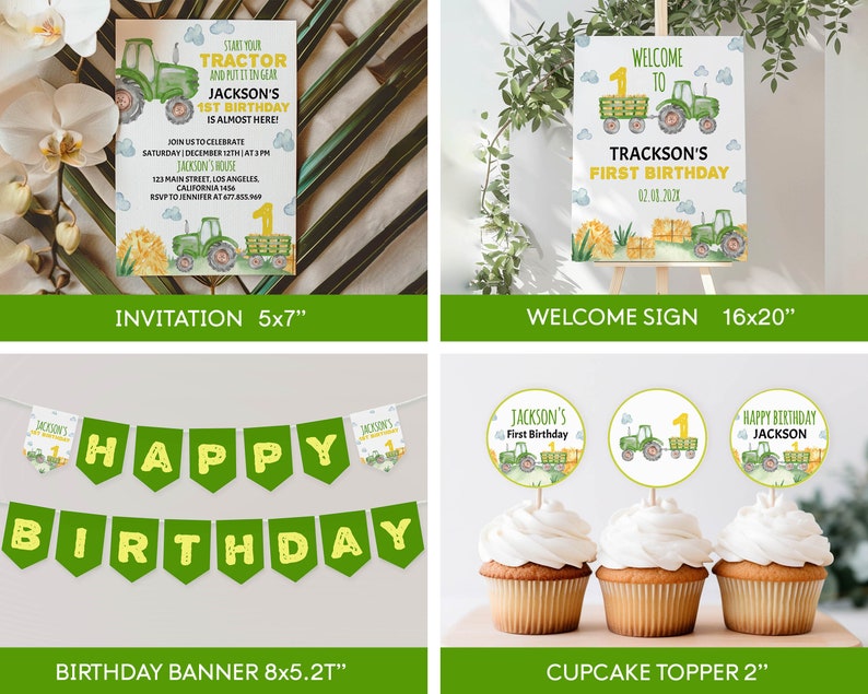 May include: A set of printable tractor-themed party decorations for a first birthday. The set includes an invitation, welcome sign, banner, and cupcake toppers. The colors are green, yellow, and brown.