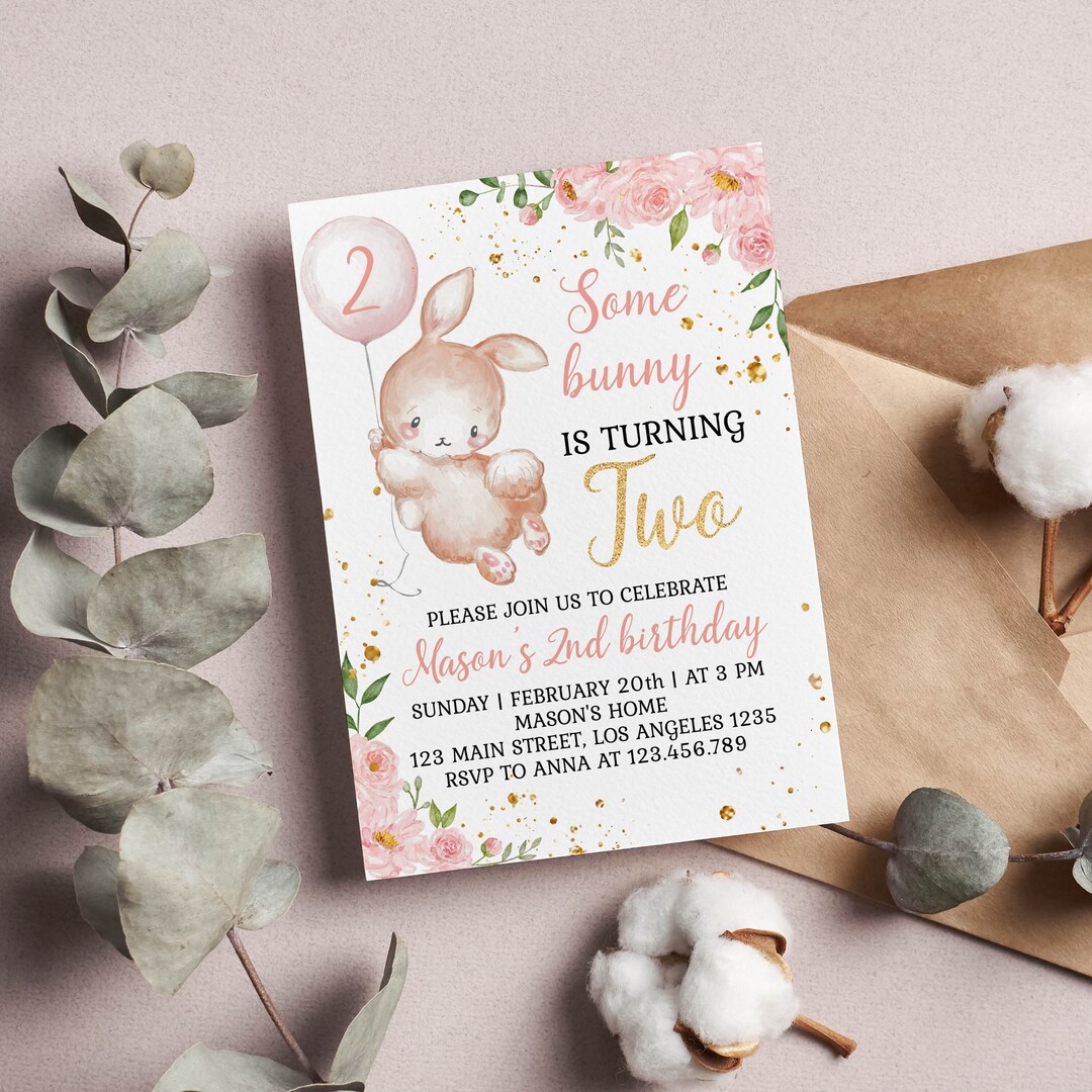 EDITABLE Some Bunny is Two Invitation, Bunny Birthday Invitation, Pink ...
