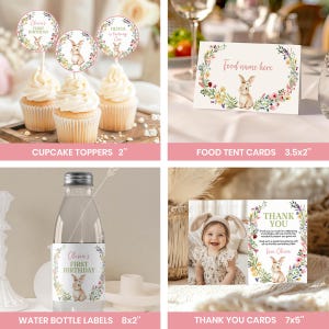 May include: A collection of party supplies featuring a watercolor bunny and floral wreath design. Includes 2-inch round cupcake toppers, 3.5x2-inch food tent cards, 8x2-inch water bottle labels, and 7x5-inch thank you cards with text.