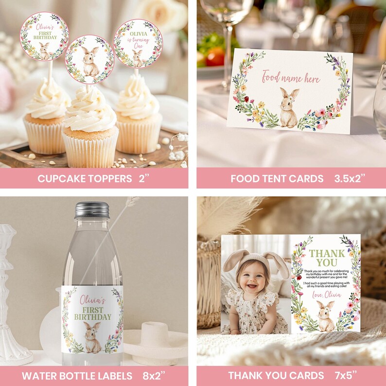 May include: A collection of party supplies featuring a watercolor bunny and floral wreath design. Includes 2-inch round cupcake toppers, 3.5x2-inch food tent cards, 8x2-inch water bottle labels, and 7x5-inch thank you cards with text.