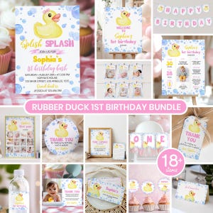 May include: A rubber duck 1st birthday party bundle featuring various printed items including invitations, banners, milestone posters, thank you tags, and cupcake toppers. Each item displays a yellow rubber duck graphic with blue bubbles.