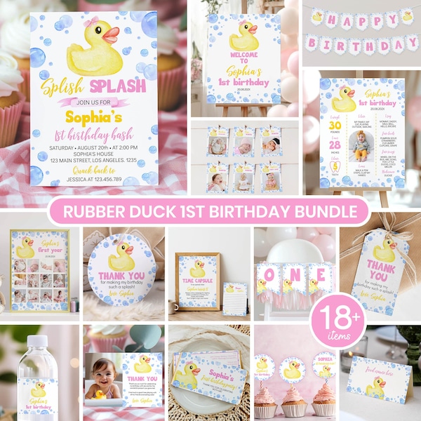 Editable Rubber Duckie Birthday Invitation Bundle, Girl 1st Birthday Party Kit, Yellow Duck Birthday Decor Package. D008