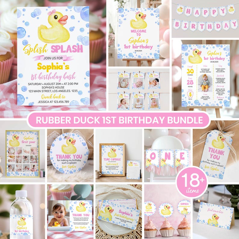 May include: A rubber duck 1st birthday party bundle featuring various printed items including invitations, banners, milestone posters, thank you tags, and cupcake toppers. Each item displays a yellow rubber duck graphic with blue bubbles.