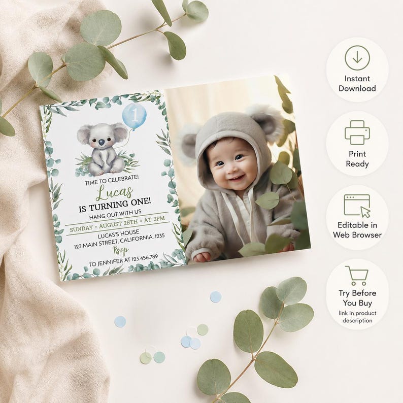 Invitación de cumpleaños de koala editable con foto, invitación de cumpleaños de koala, invitación de cumpleaños de animales australianos, invitación para el primer cumpleaños. Imprimible. K001 imagen 2