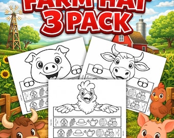 3 Modelos de Chapéus de Aniversário com Tema de Fazenda | Artesanato Fácil para Crianças | Atividade de Aniversário na Fazenda para Crianças | Desenho para Colorir para Imprimir | Download Instantâneo