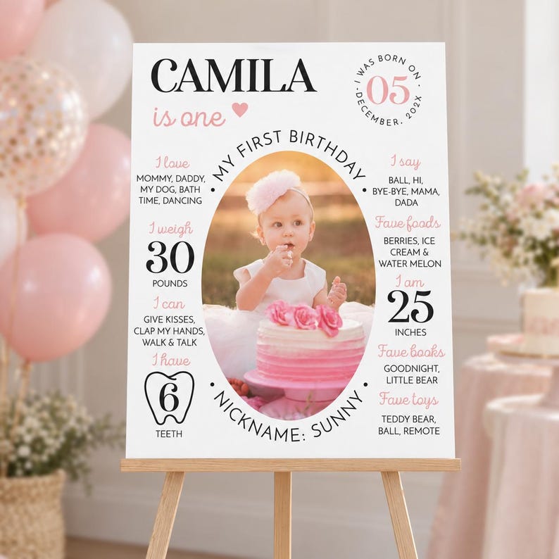 May include: A white birthday milestone sign for a child named Camila, featuring a central oval photo of a toddler with a pink cake. Text includes birth date December 5, 202x, weight 30 pounds, height 25 inches, 6 teeth, and favorite items.