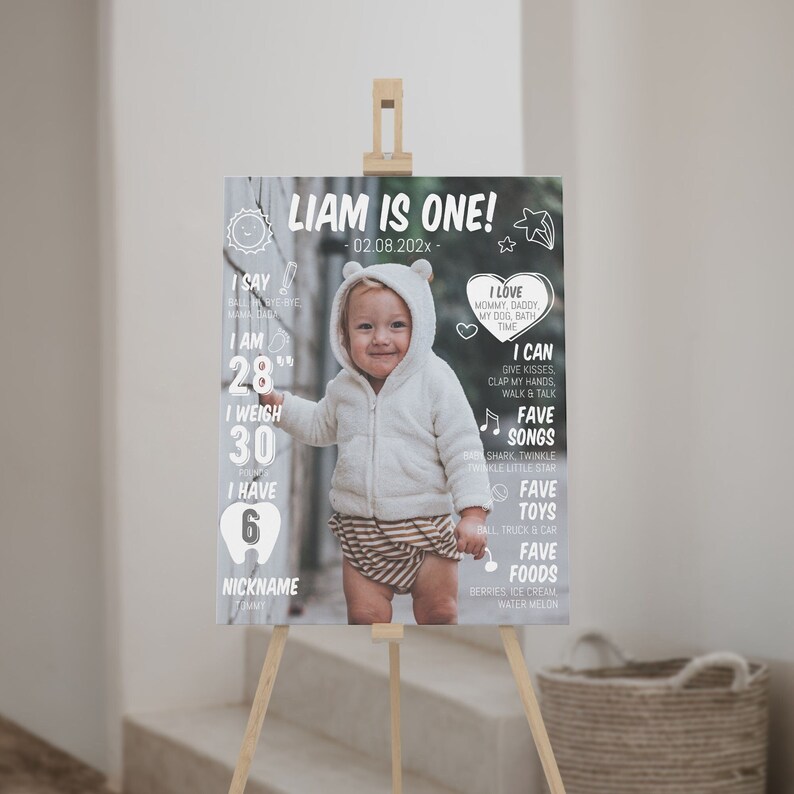 May include: A milestone birthday sign featuring a photo of a toddler in a white hooded jacket and striped shorts. The text reads LIAM IS ONE, 02.08.202x, I SAY, I AM 28, I WEIGH 30 POUNDS, I HAVE 6, NICKNAME TOMMY, I LOVE, I CAN, FAVE SONGS, FAVE TOYS, FAVE FOODS.