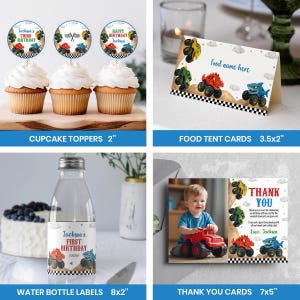 May include: A collection of monster truck themed party supplies including three cupcakes with 2-inch circular toppers, a 3.5x2-inch food tent card, a water bottle with an 8x2-inch label, and a 7x5-inch thank you card featuring monster truck graphics.