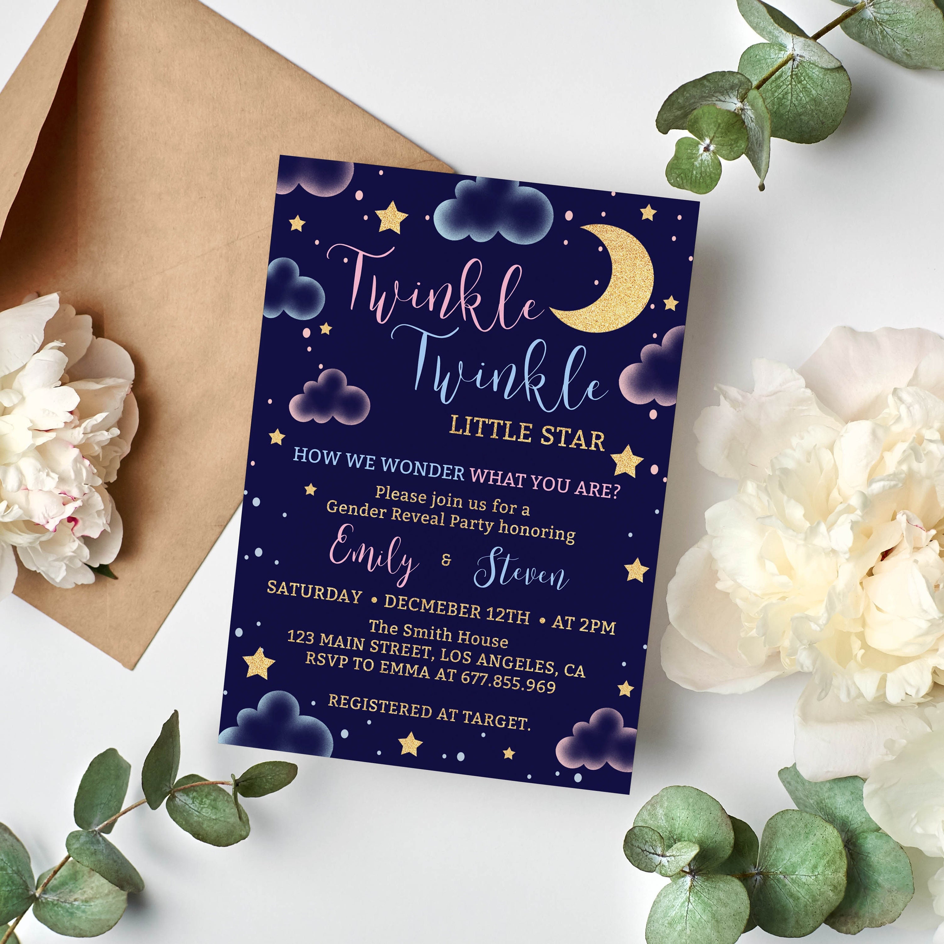 EDITABLE Twinkle Twinkle Little Star Gender Reveal Invitation Template Moon And Stars Gender Reveal Party Invite Digital