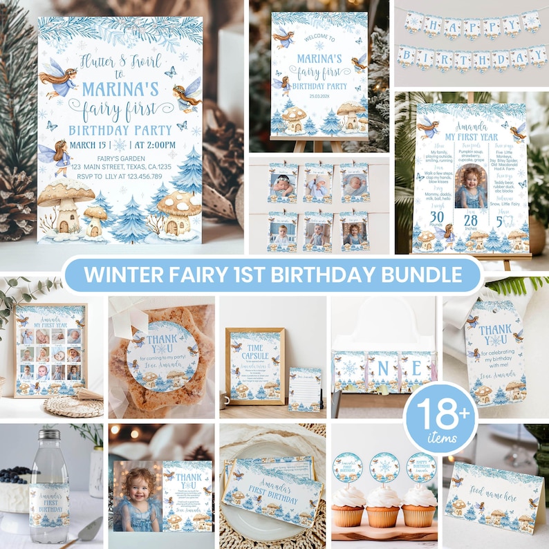 May include: A winter fairy first birthday party bundle featuring blue and white printed stationery, including invitations, milestone boards, thank you tags, cupcake toppers, and banners decorated with illustrations of fairies, mushrooms, and pine trees.