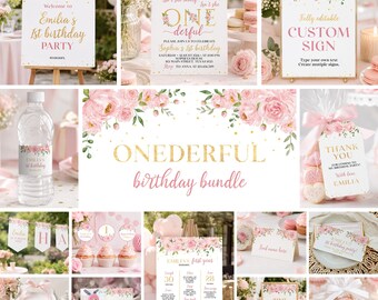 Onederful Birthday Party Bundle | Pink Flower 1st Birthday Decorations | Editable Printable Party Templates