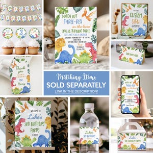 May include: A collection of dinosaur-themed party supplies, including invitations, cupcake toppers, a banner, and a custom sign. The designs feature colorful dinosaurs and tropical leaves, with text that reads "Luke's 3rd Birthday Party".