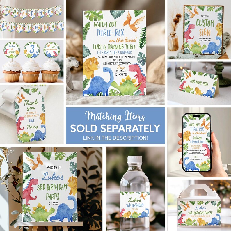 May include: A collection of dinosaur-themed party supplies, including invitations, cupcake toppers, a banner, and a custom sign. The designs feature colorful dinosaurs and tropical leaves, with text that reads "Luke's 3rd Birthday Party".