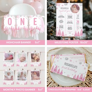 May include: A collection of first birthday party supplies featuring a pink and silver winter theme. Items include a highchair banner, a 40.6x50.8 cm milestone poster, a monthly photo banner, and a 10.2x13.3 cm chocolate wrapper with snowflake and tree motifs.